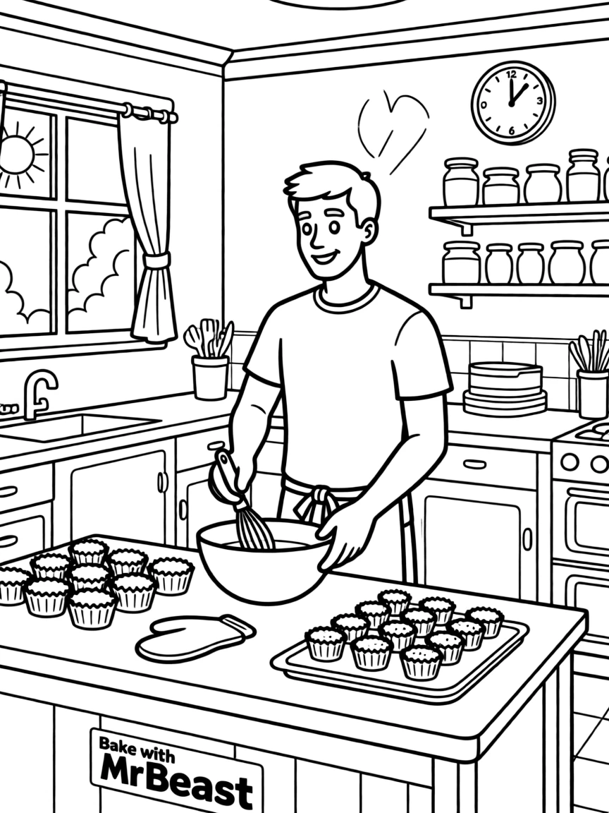 MrBeast baking cupcakes in a colorful kitchen.