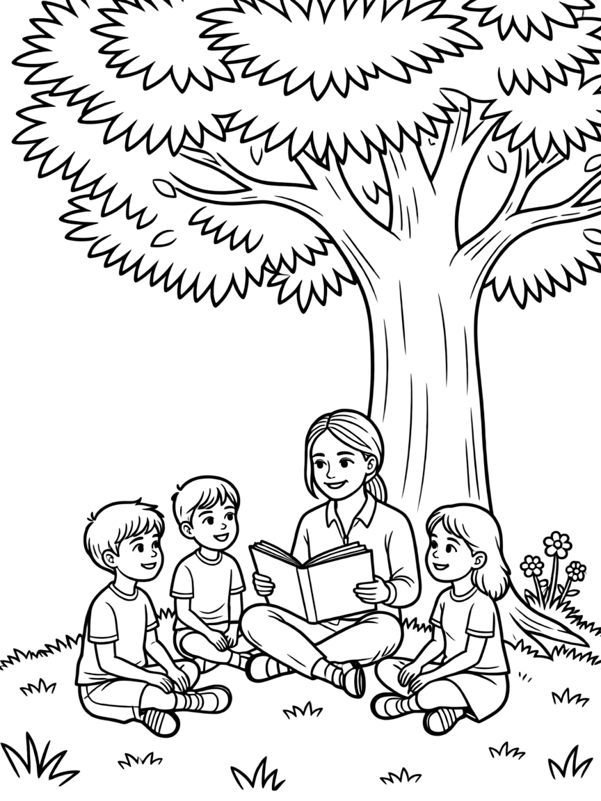 Greta Thunberg reading a storybook to children under a tree.