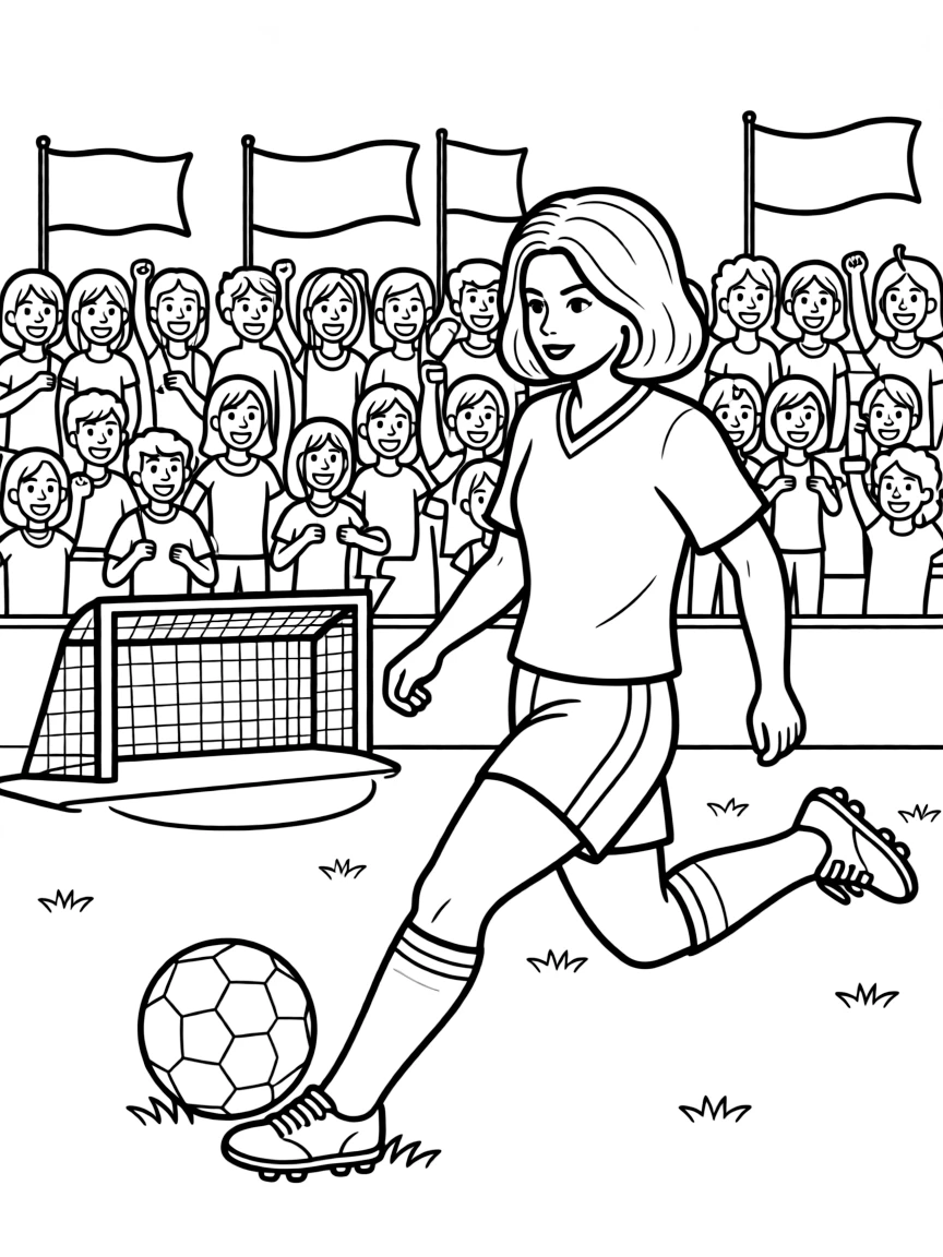 Katy Perry playing soccer on a field with cheering fans in the stands.