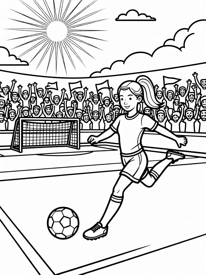 Simone Biles playing soccer on a field with cheering fans in the stands.