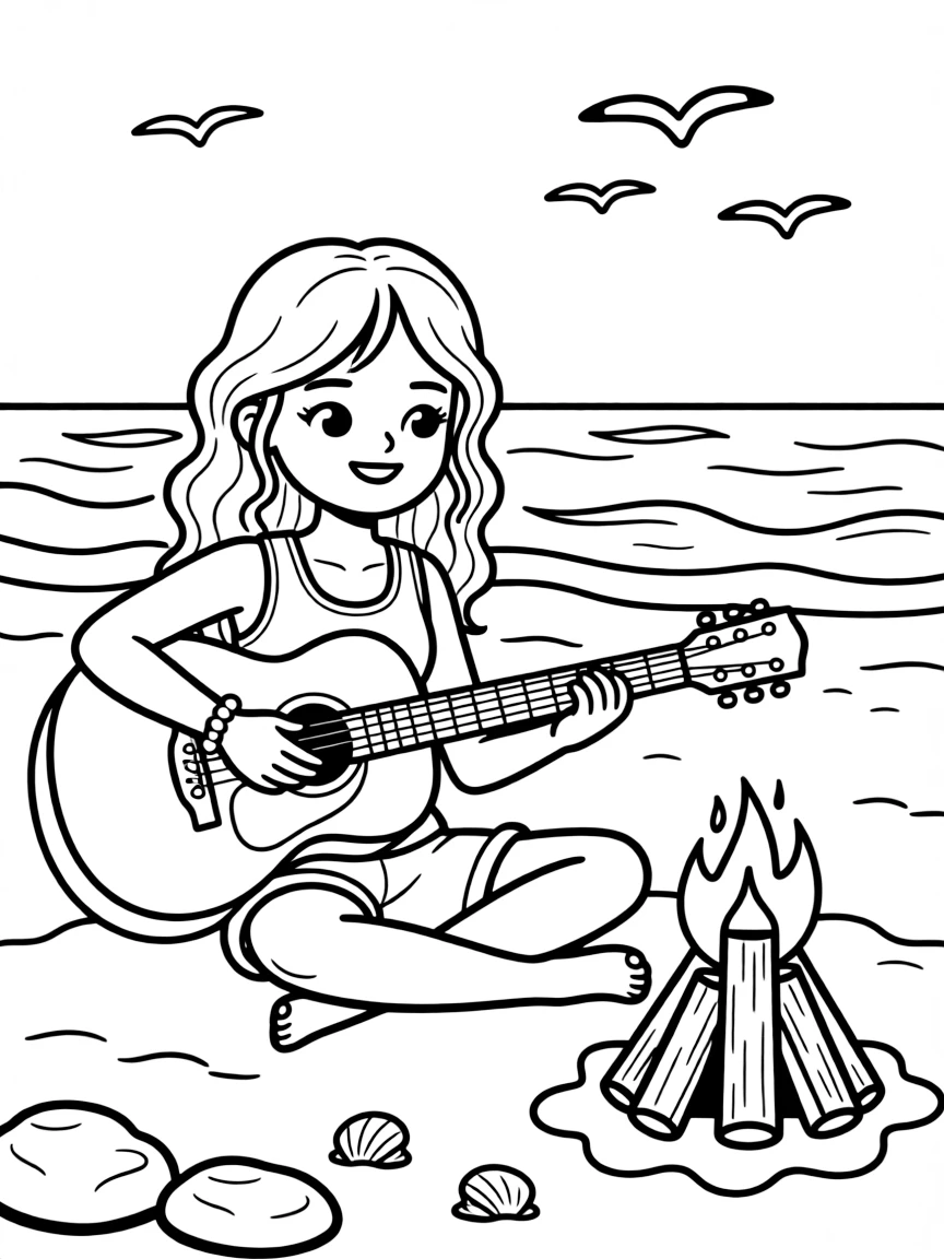 Doja Cat playing guitar at a beach bonfire.