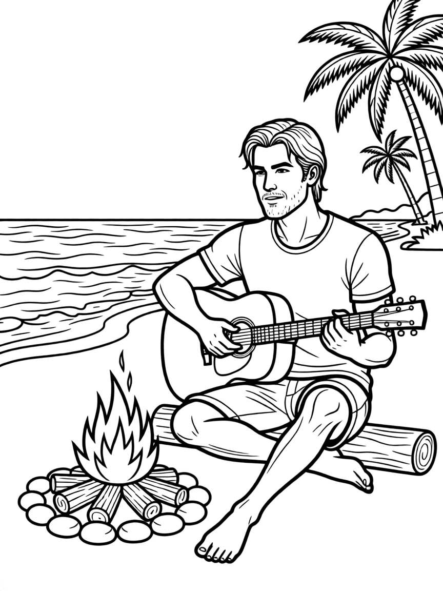 Chris Hemsworth playing guitar at a beach bonfire.