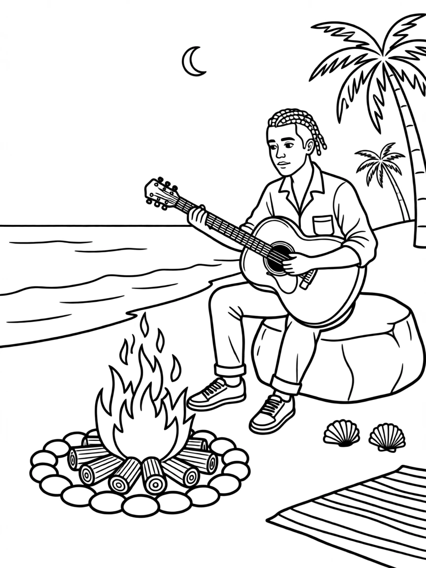 Post Malone playing guitar at a beach bonfire.