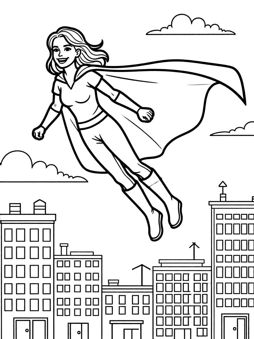Anne Hathaway wearing a superhero cape and flying over a cityscape.