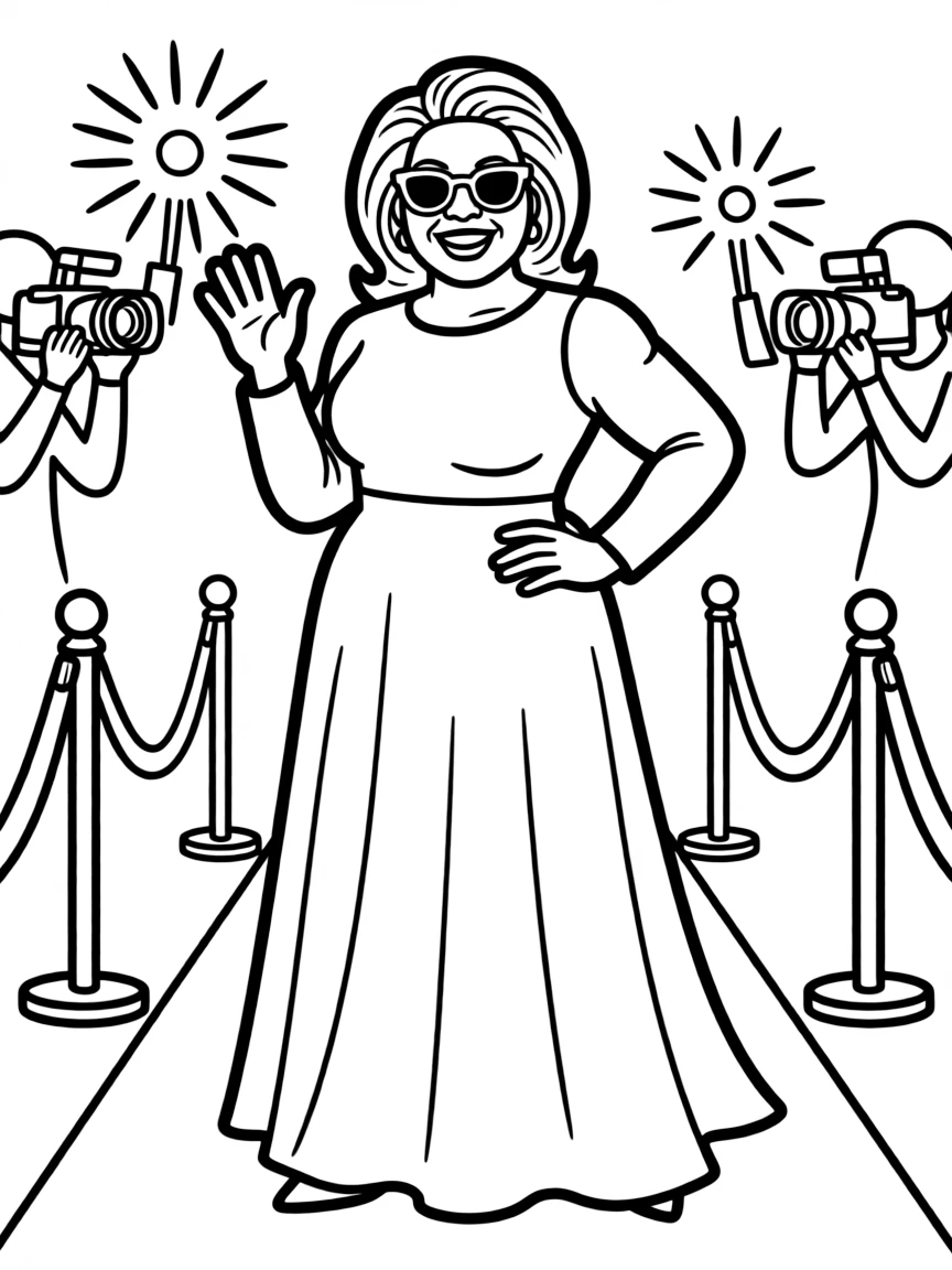 Oprah Winfrey posing with sunglasses and a cool outfit on the red carpet.