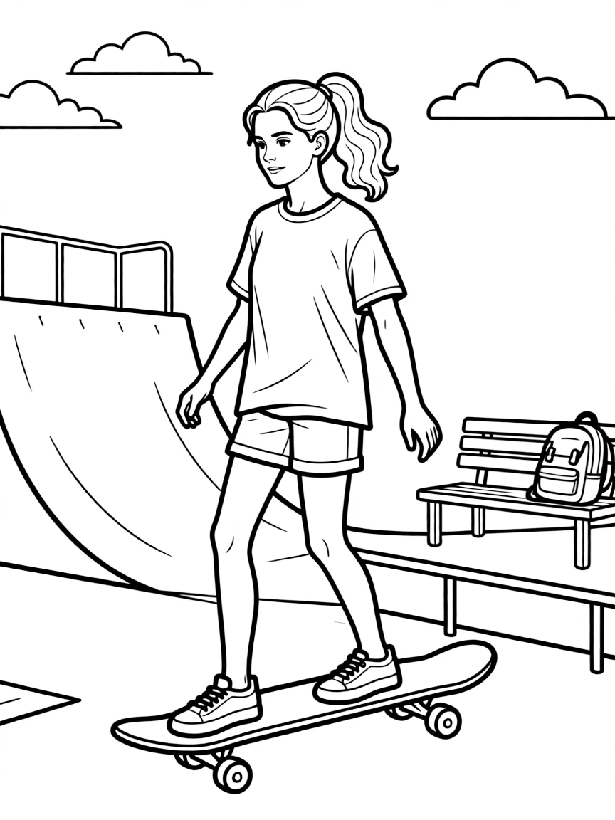 Anne Hathaway skateboarding at a skate park.