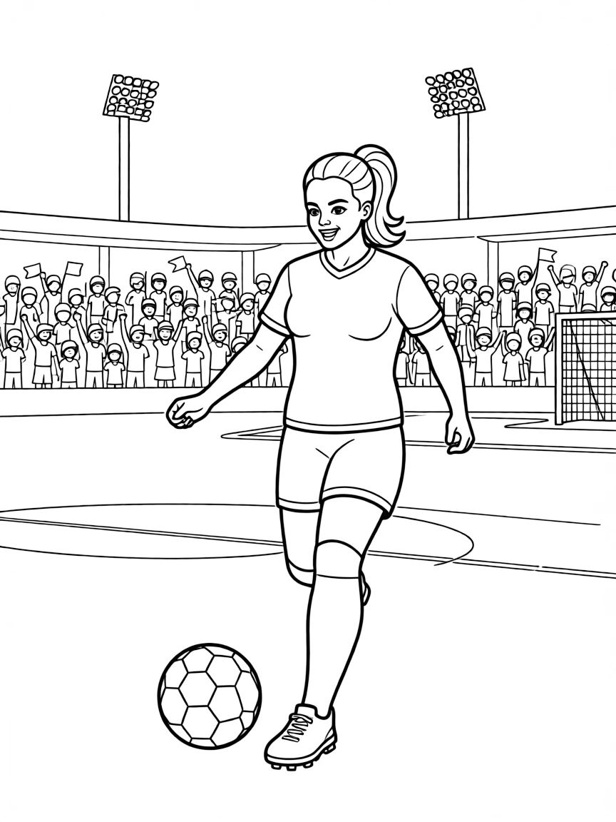 Zendaya playing soccer on a field with cheering fans in the stands.