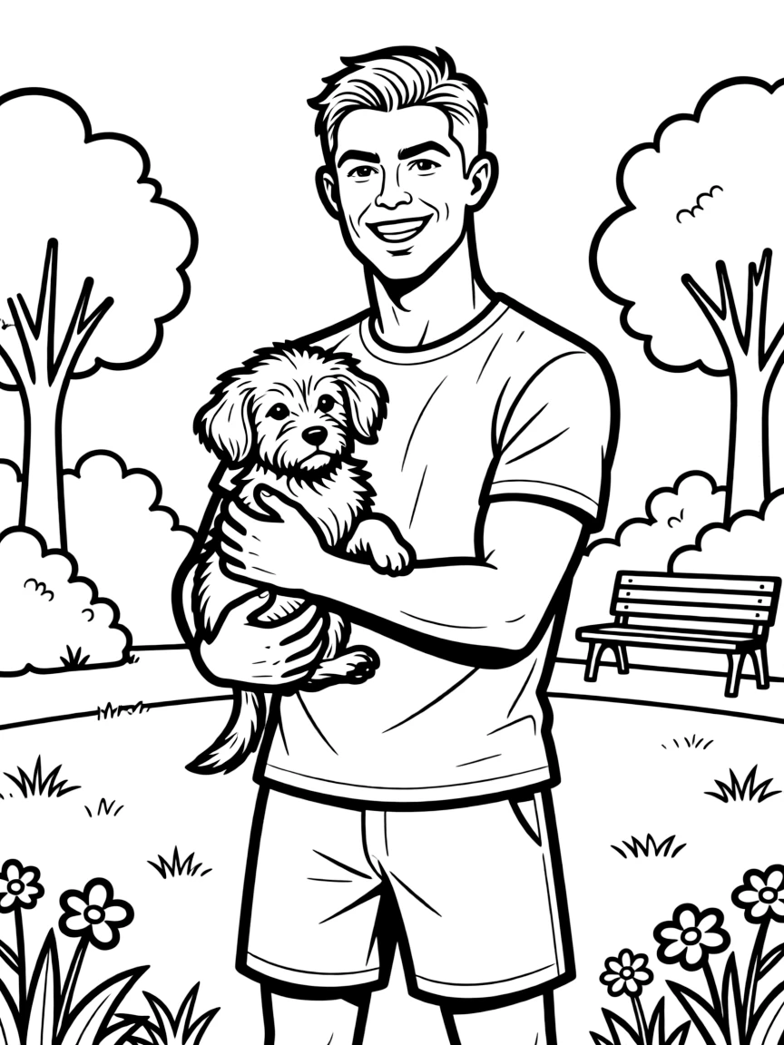 Cristiano Ronaldo smiling and holding a puppy with a park background.