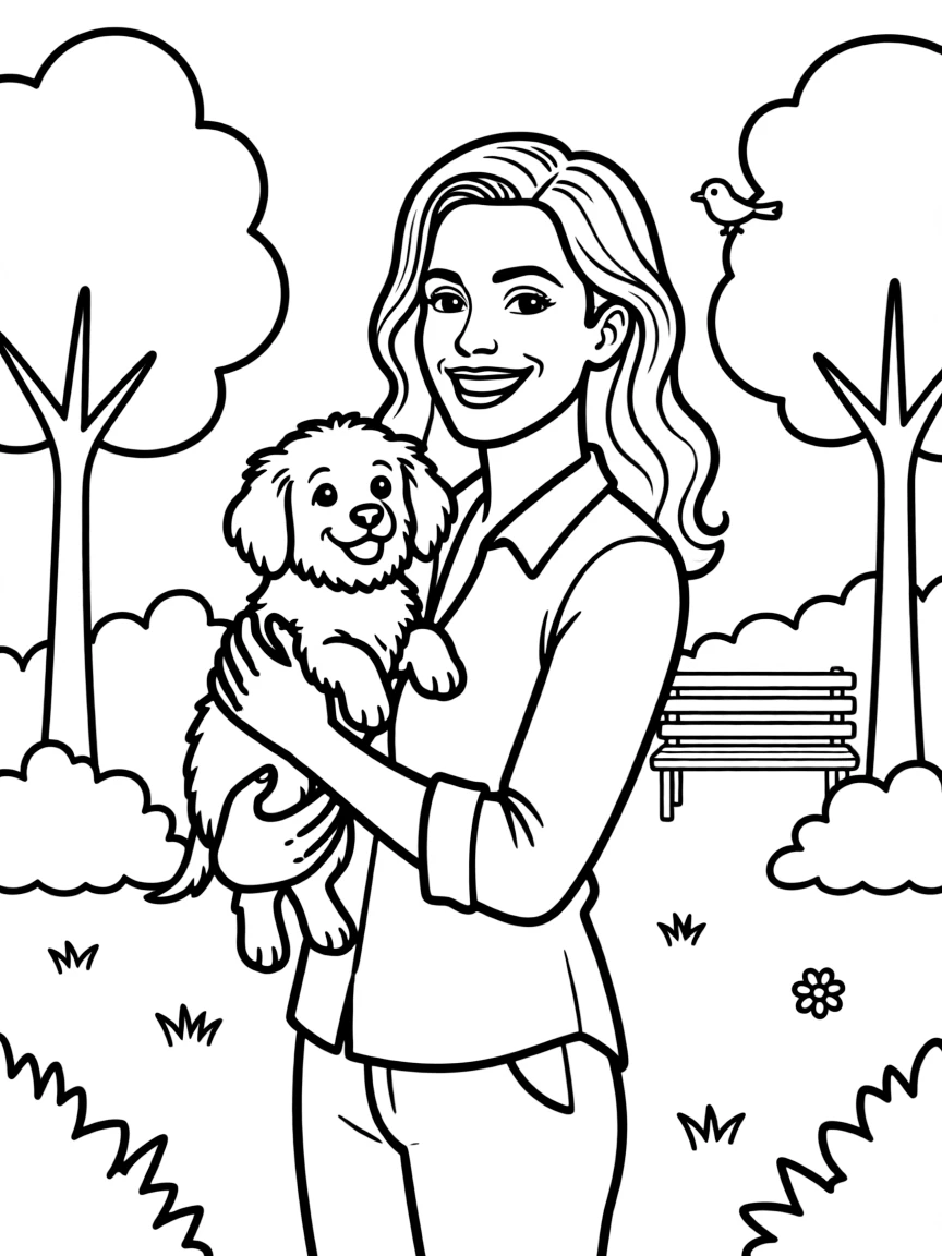 Anne Hathaway smiling and holding a puppy with a park background.