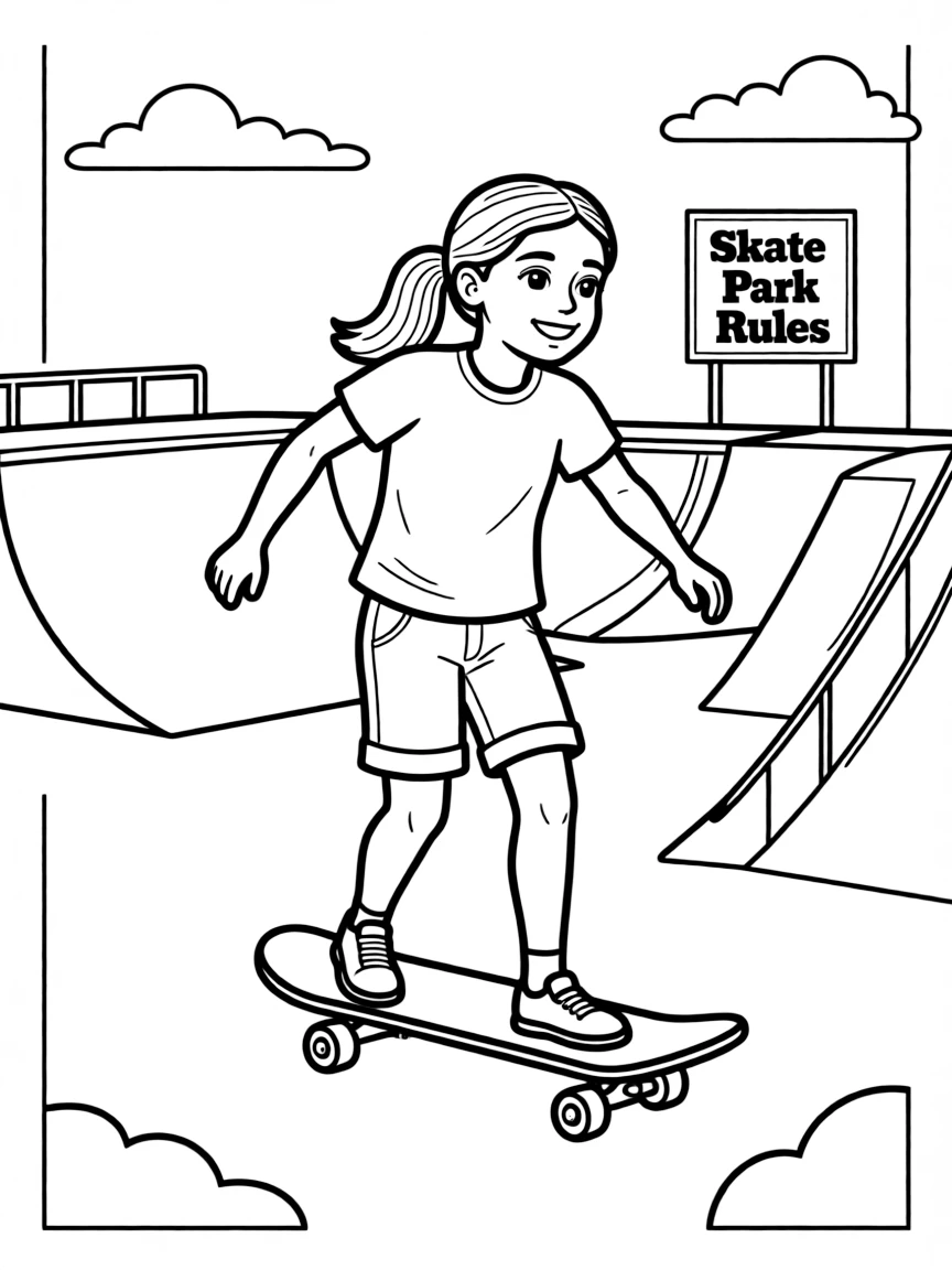 Greta Thunberg skateboarding at a skate park.