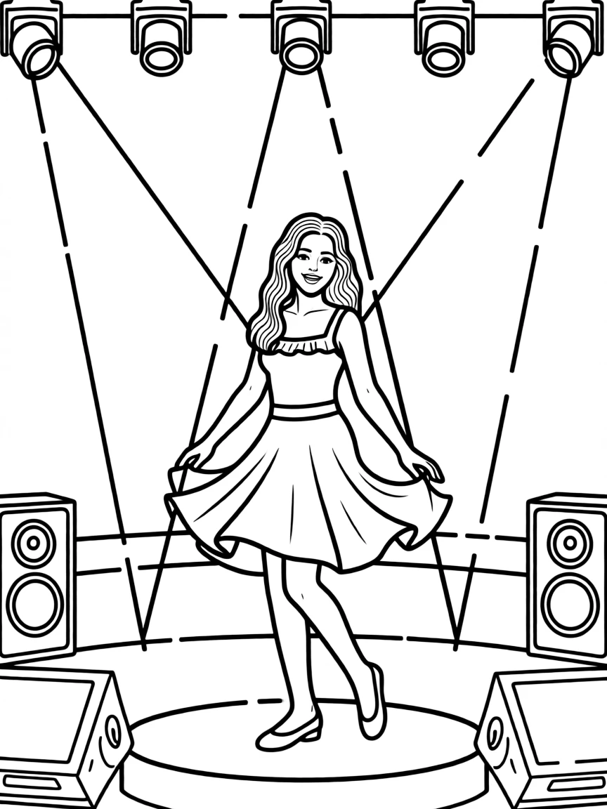 Camila Cabello dancing on a stage with spotlights and fun outfits.
