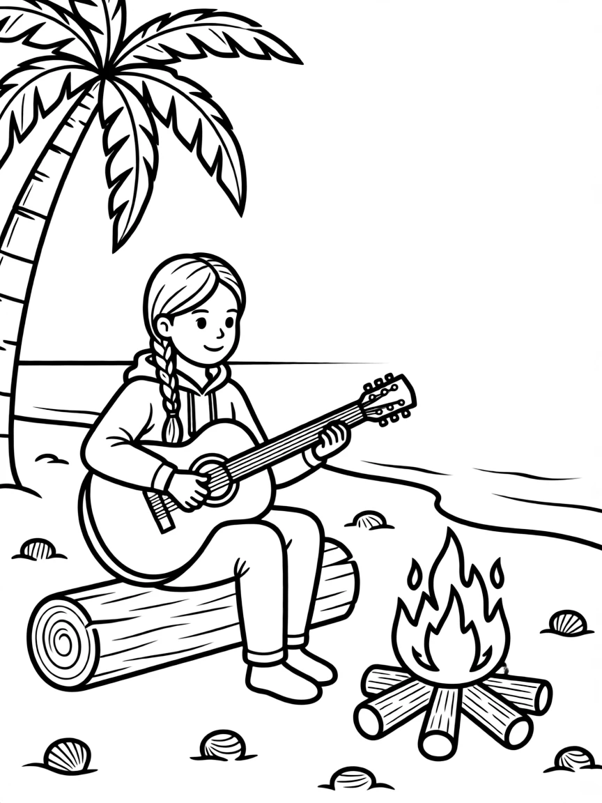 Greta Thunberg playing guitar at a beach bonfire.