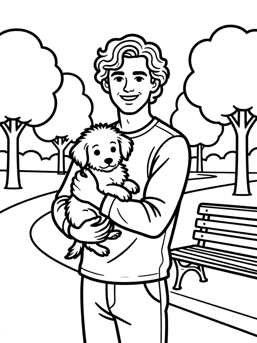 Timothée Chalamet smiling and holding a puppy with a park background.