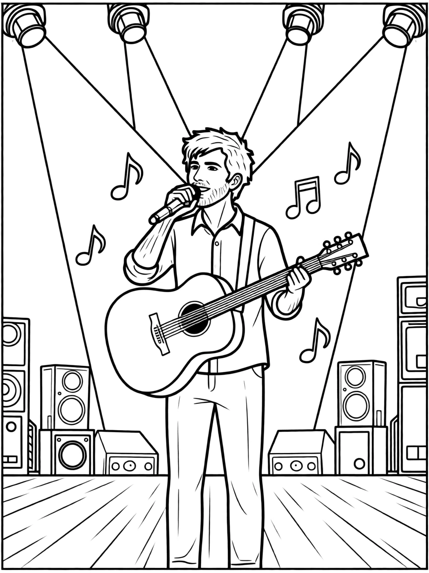 Ed Sheeran singing on a big concert stage with musical notes and lights.