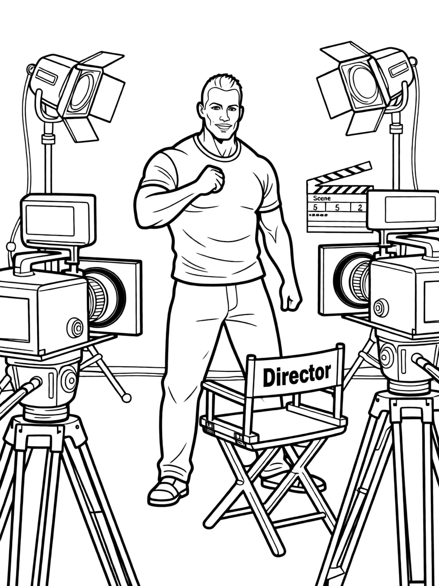 Dwayne Johnson acting in a scene on a movie set with cameras.