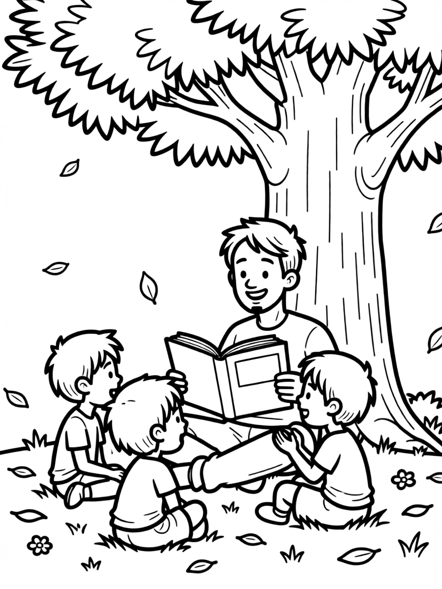PewDiePie reading a storybook to children under a tree.