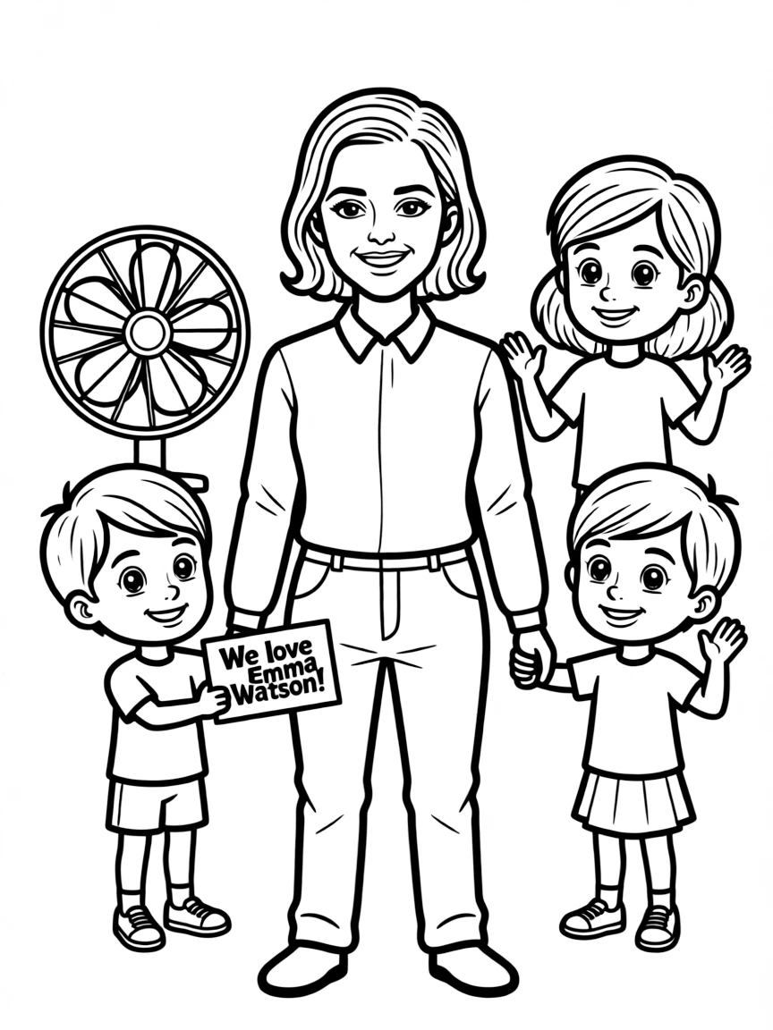 Emma Watson posing with cartoon versions of their fans.
