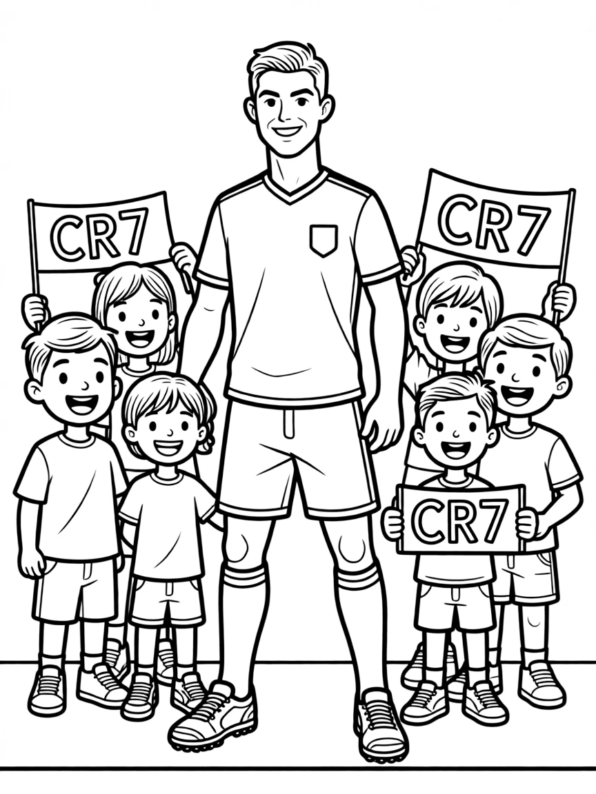 Cristiano Ronaldo posing with cartoon versions of their fans.