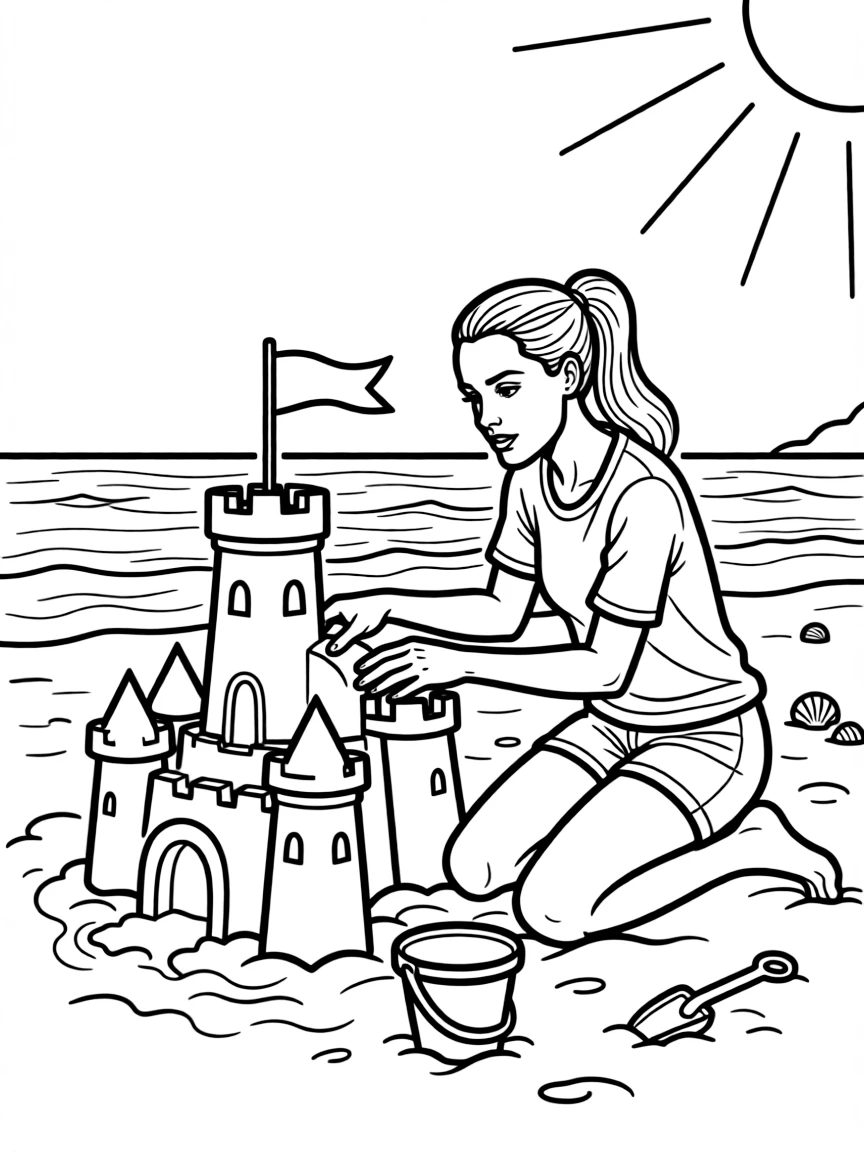 Angelina Jolie building a sandcastle at the beach.