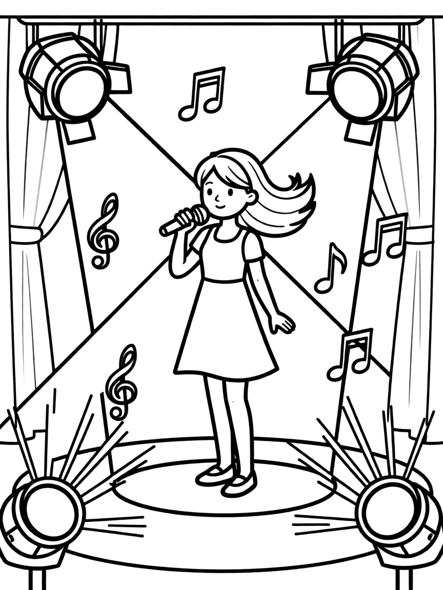 Katy Perry singing on a big concert stage with musical notes and lights.