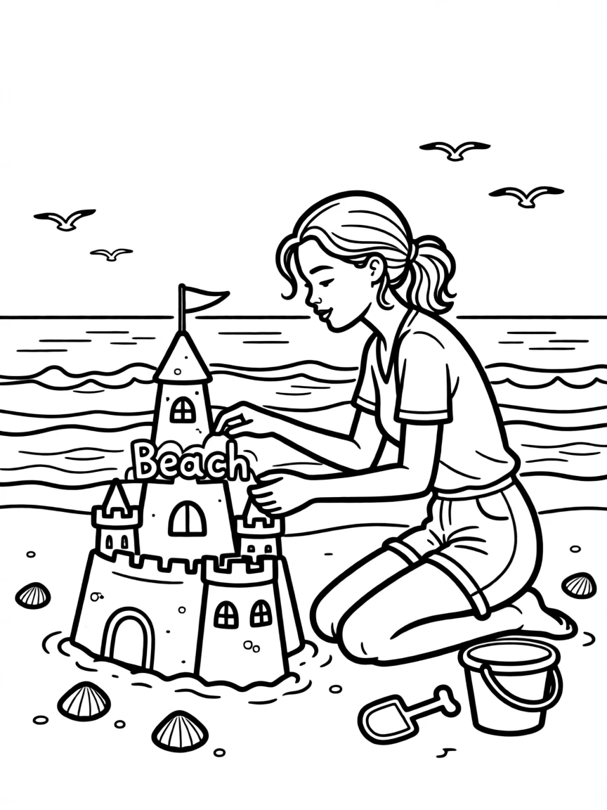 Angelina Jolie building a sandcastle at the beach.