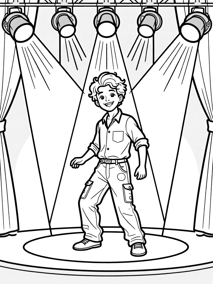 Timothée Chalamet dancing on a stage with spotlights and fun outfits.