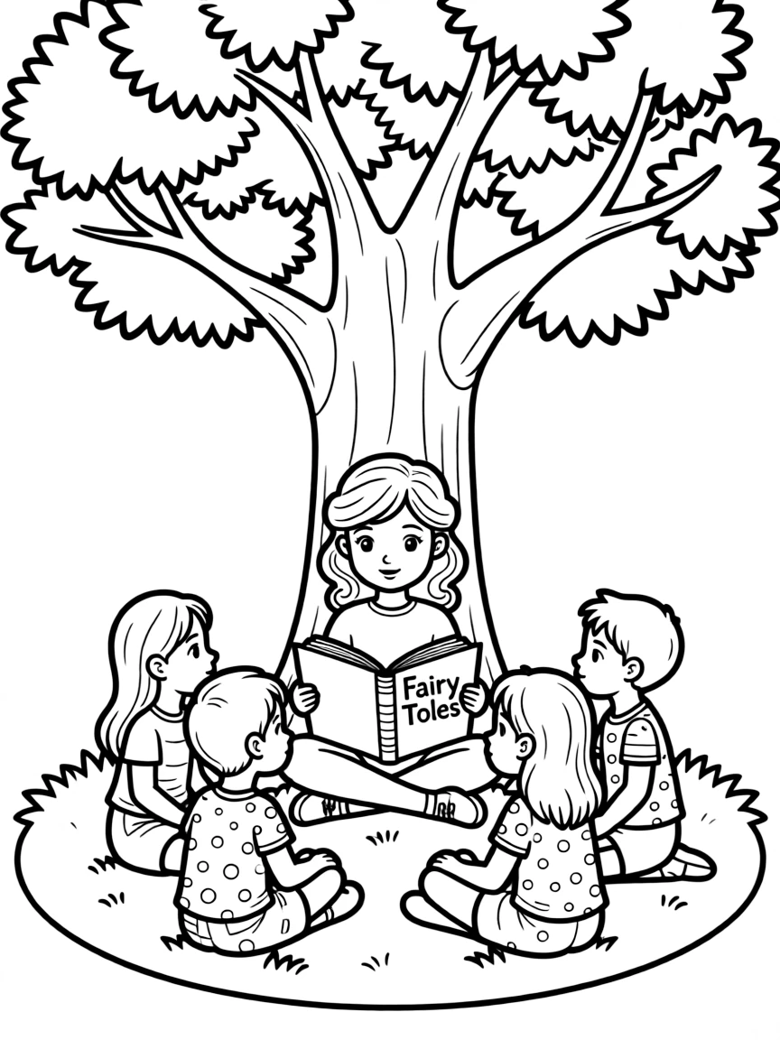 Millie Bobby Brown reading a storybook to children under a tree.