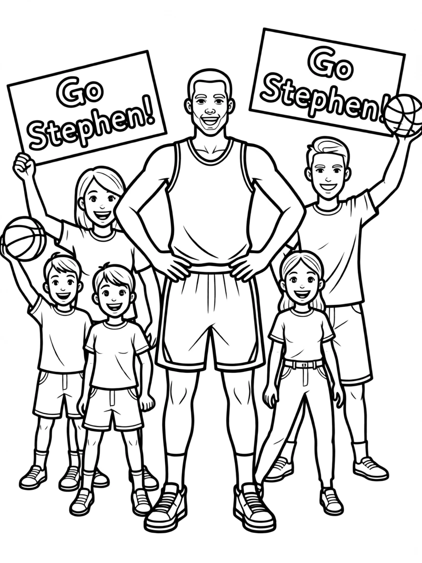 Stephen Curry posing with cartoon versions of their fans.