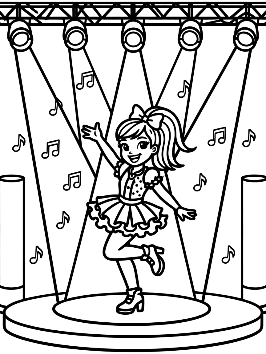 JoJo Siwa dancing on a stage with spotlights and fun outfits.