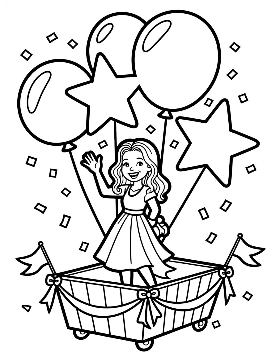 Jennifer Lopez waving from a parade float with balloons and confetti.