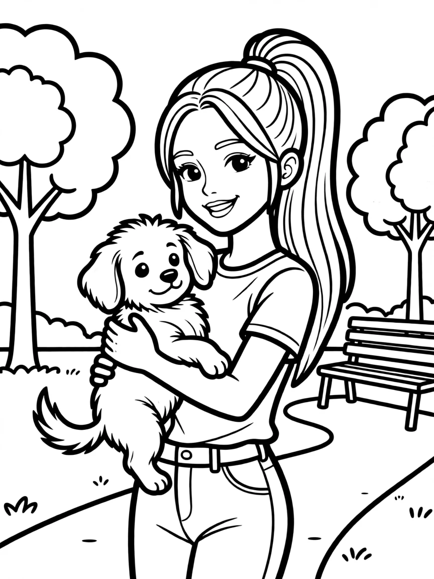Ariana Grande smiling and holding a puppy with a park background.