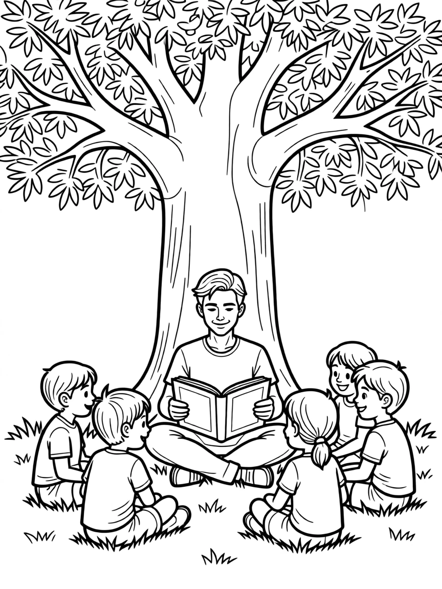Tom Holland reading a storybook to children under a tree.