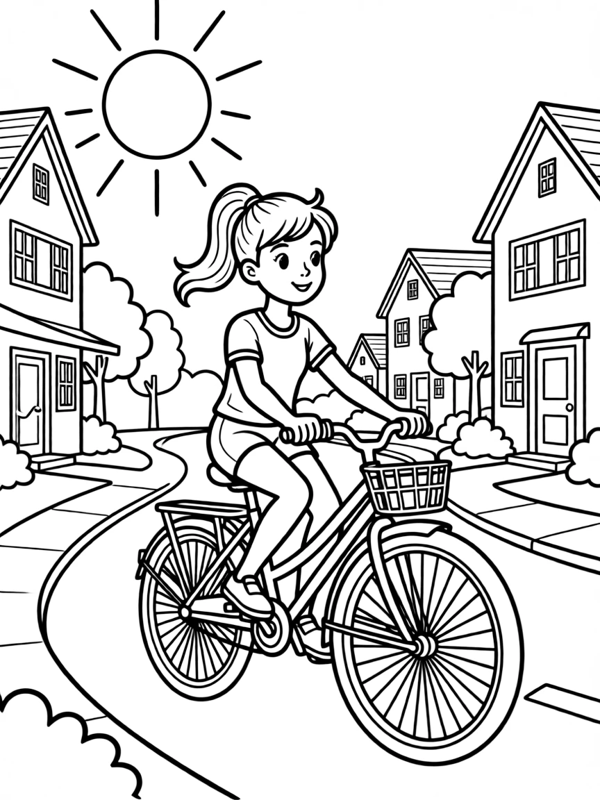 Simone Biles riding a bicycle through a sunny neighborhood.