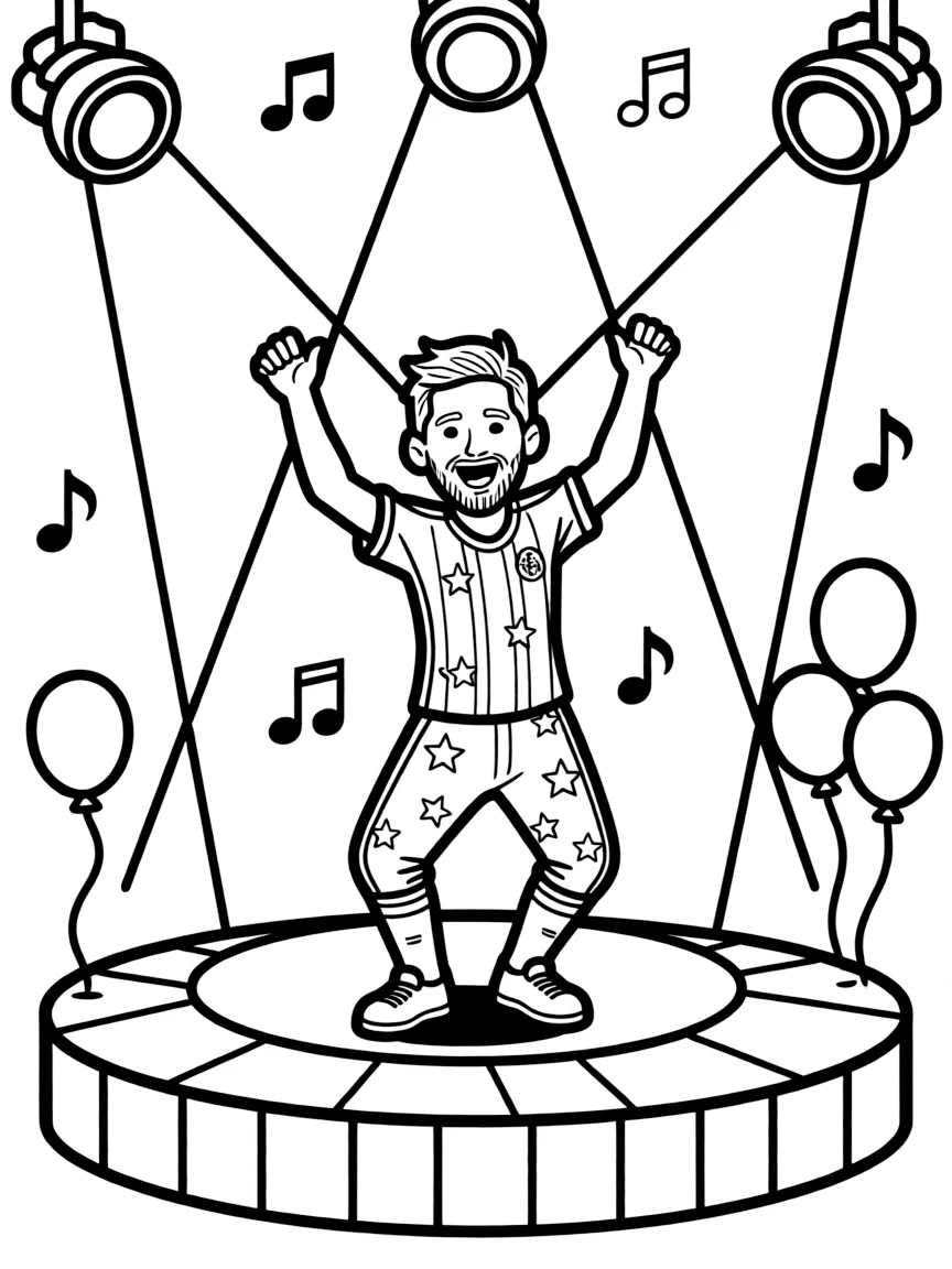 Lionel Messi dancing on a stage with spotlights and fun outfits.
