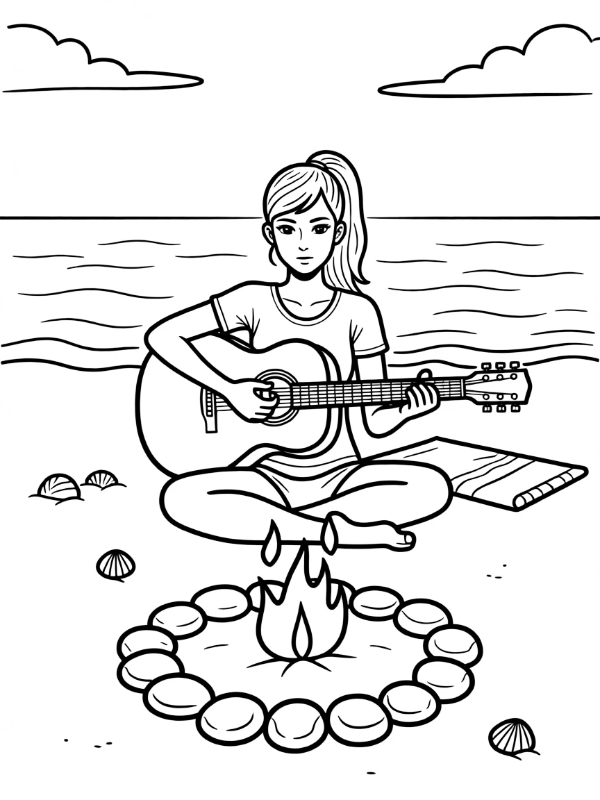 Simone Biles playing guitar at a beach bonfire.