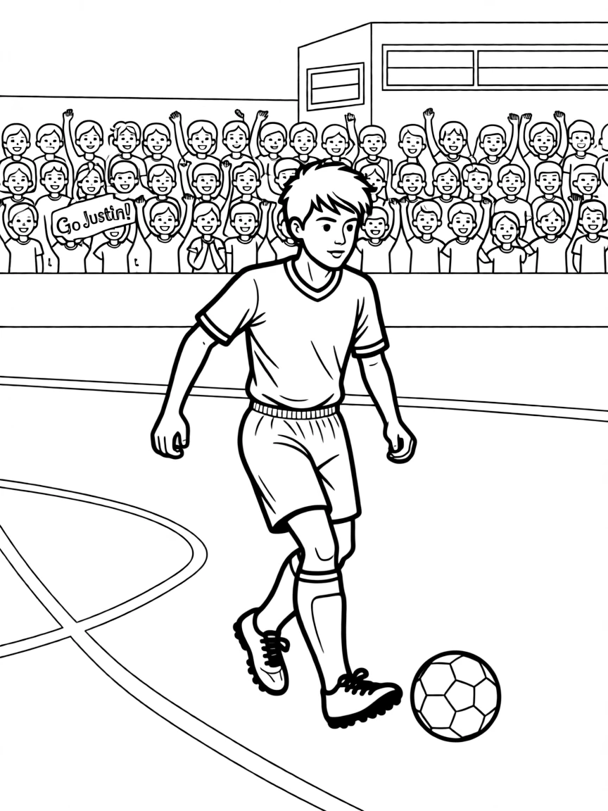 Justin Bieber playing soccer on a field with cheering fans in the stands.