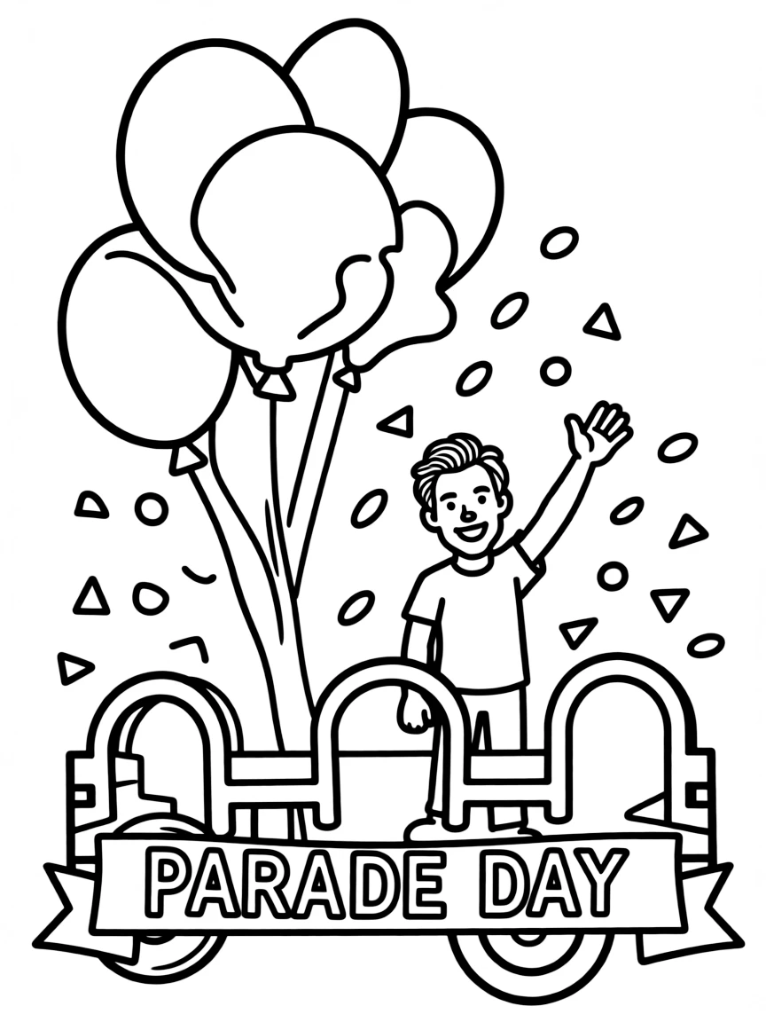 Robert Downey Jr. waving from a parade float with balloons and confetti.