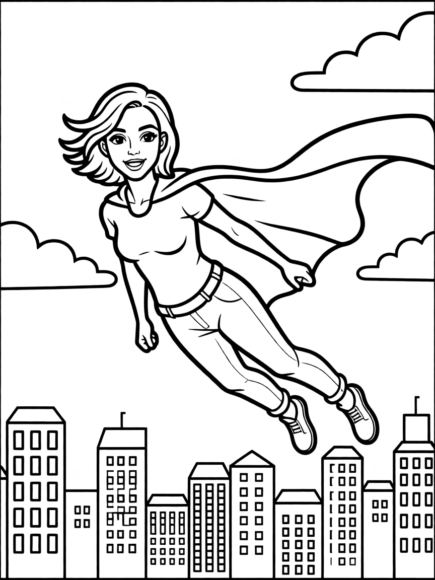 Dua Lipa wearing a superhero cape and flying over a cityscape.