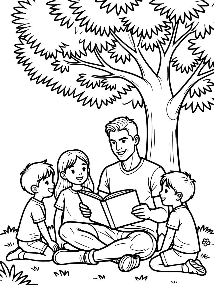 Cristiano Ronaldo reading a storybook to children under a tree.