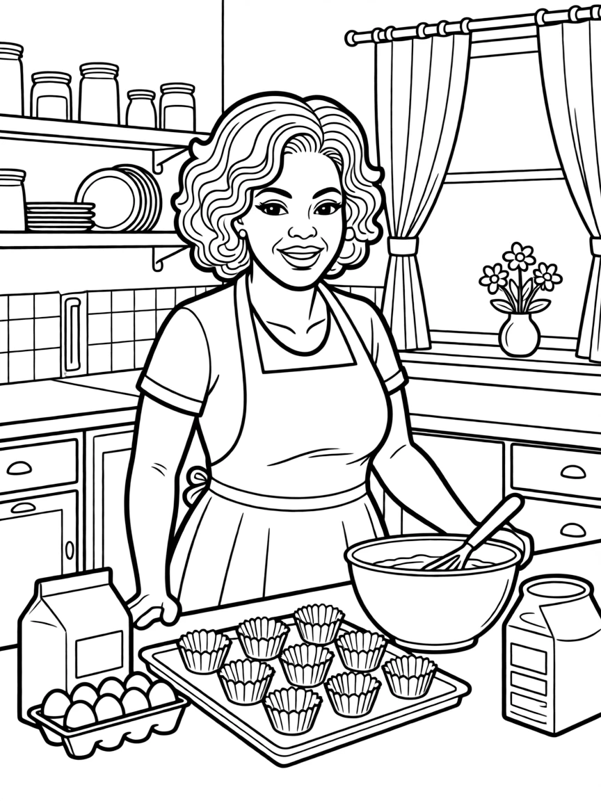 Oprah Winfrey baking cupcakes in a colorful kitchen.