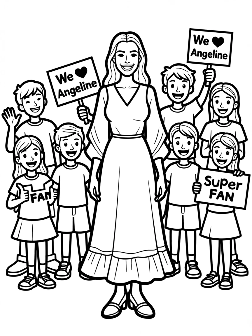 Angelina Jolie posing with cartoon versions of their fans.