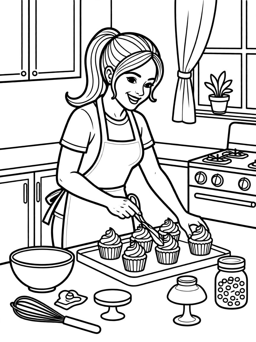 Jennifer Lopez baking cupcakes in a colorful kitchen.