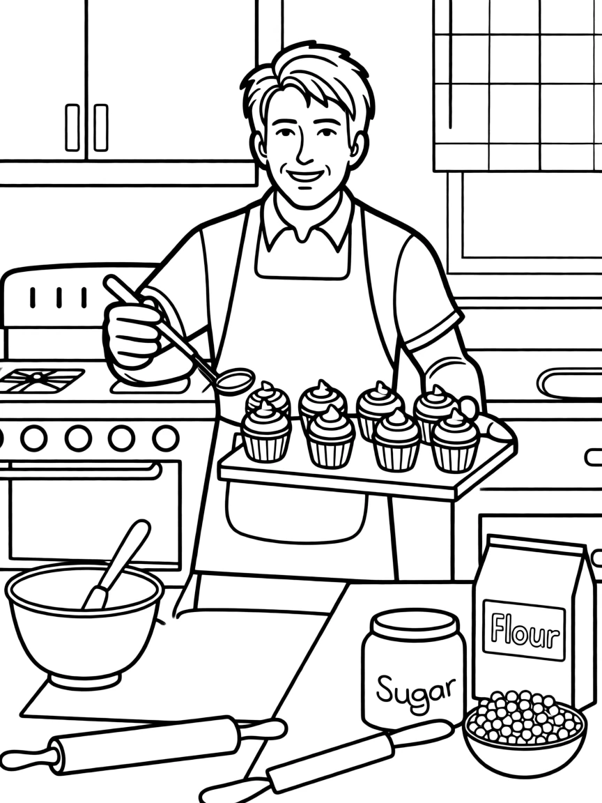 Robert Downey Jr. baking cupcakes in a colorful kitchen.