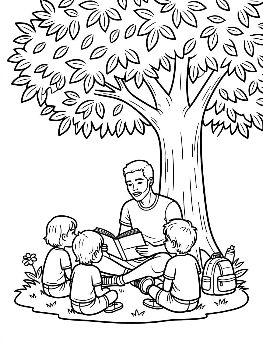 Stephen Curry reading a storybook to children under a tree.