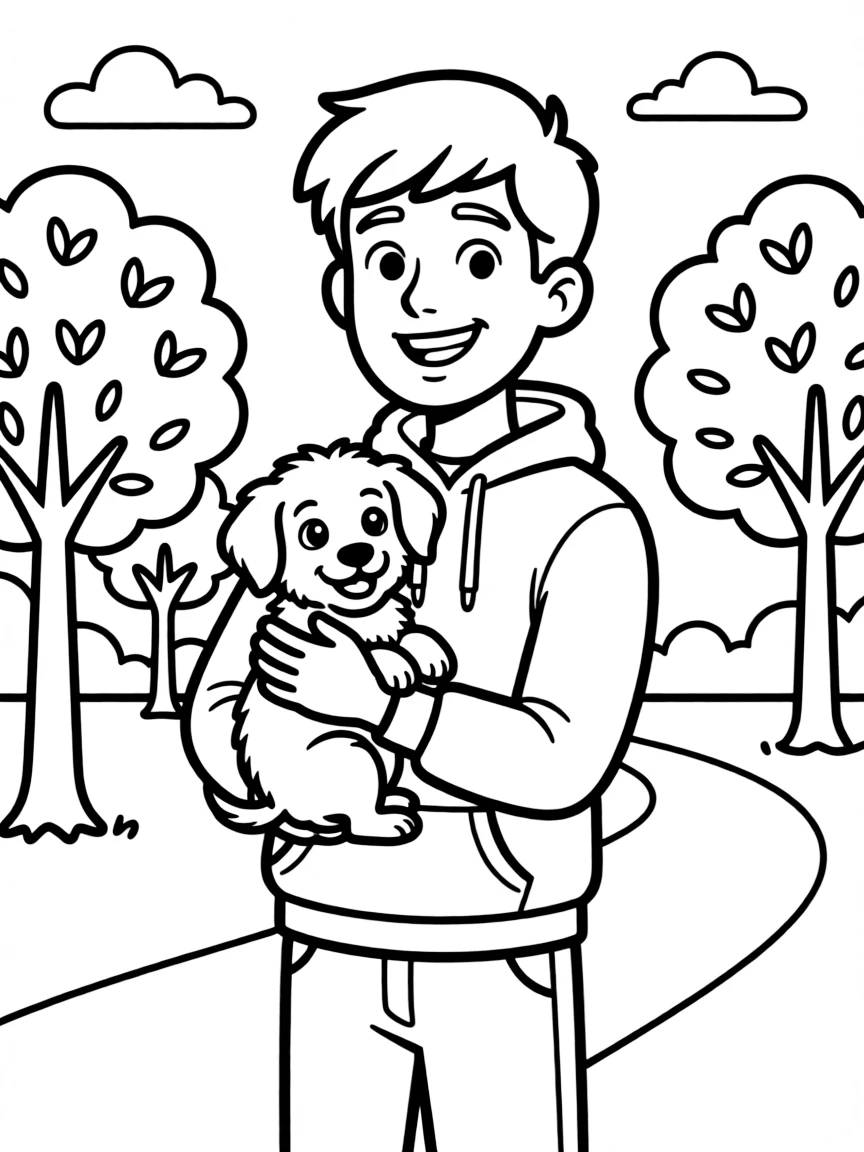 PewDiePie smiling and holding a puppy with a park background.