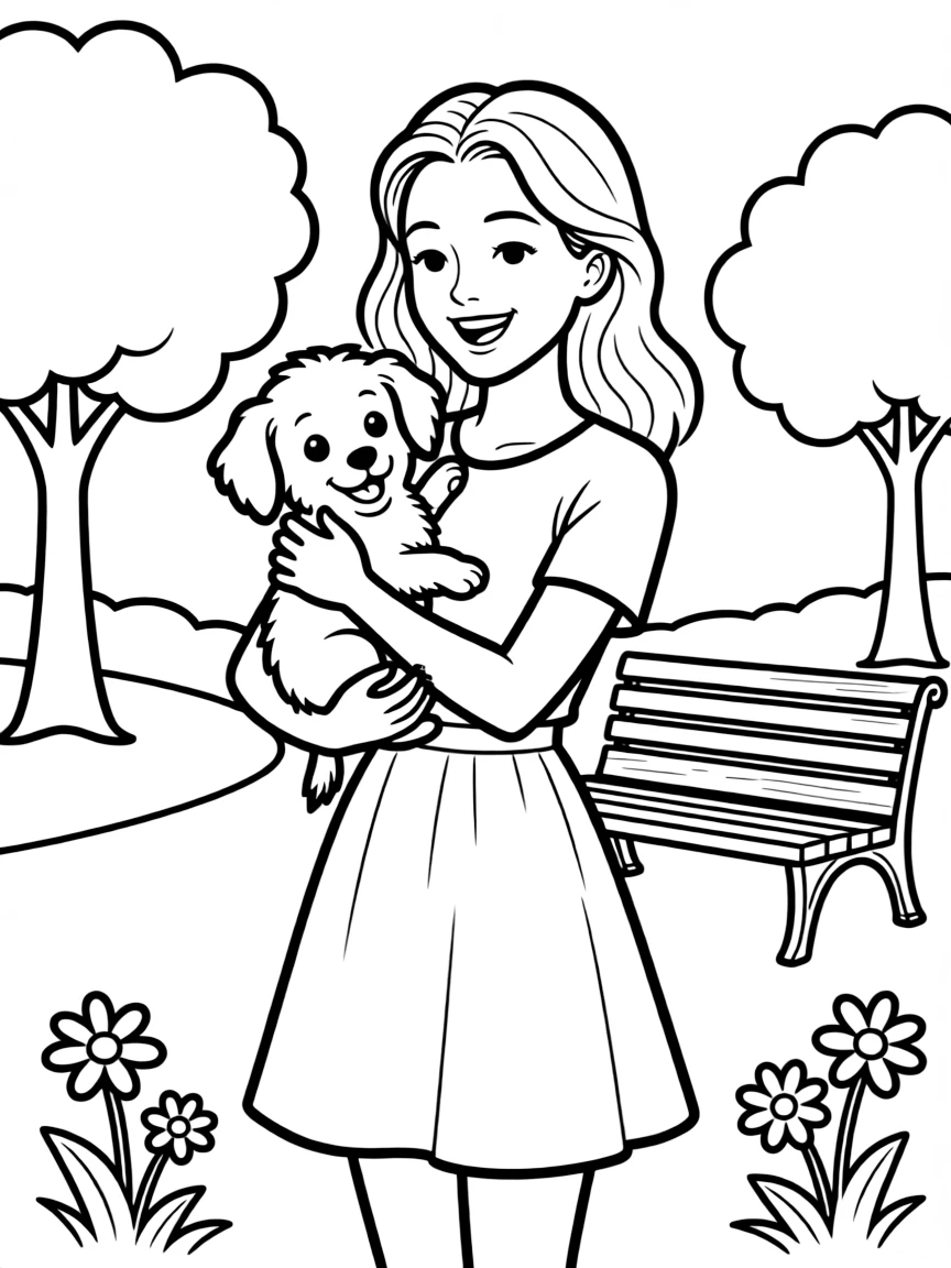 Cardi B smiling and holding a puppy with a park background.