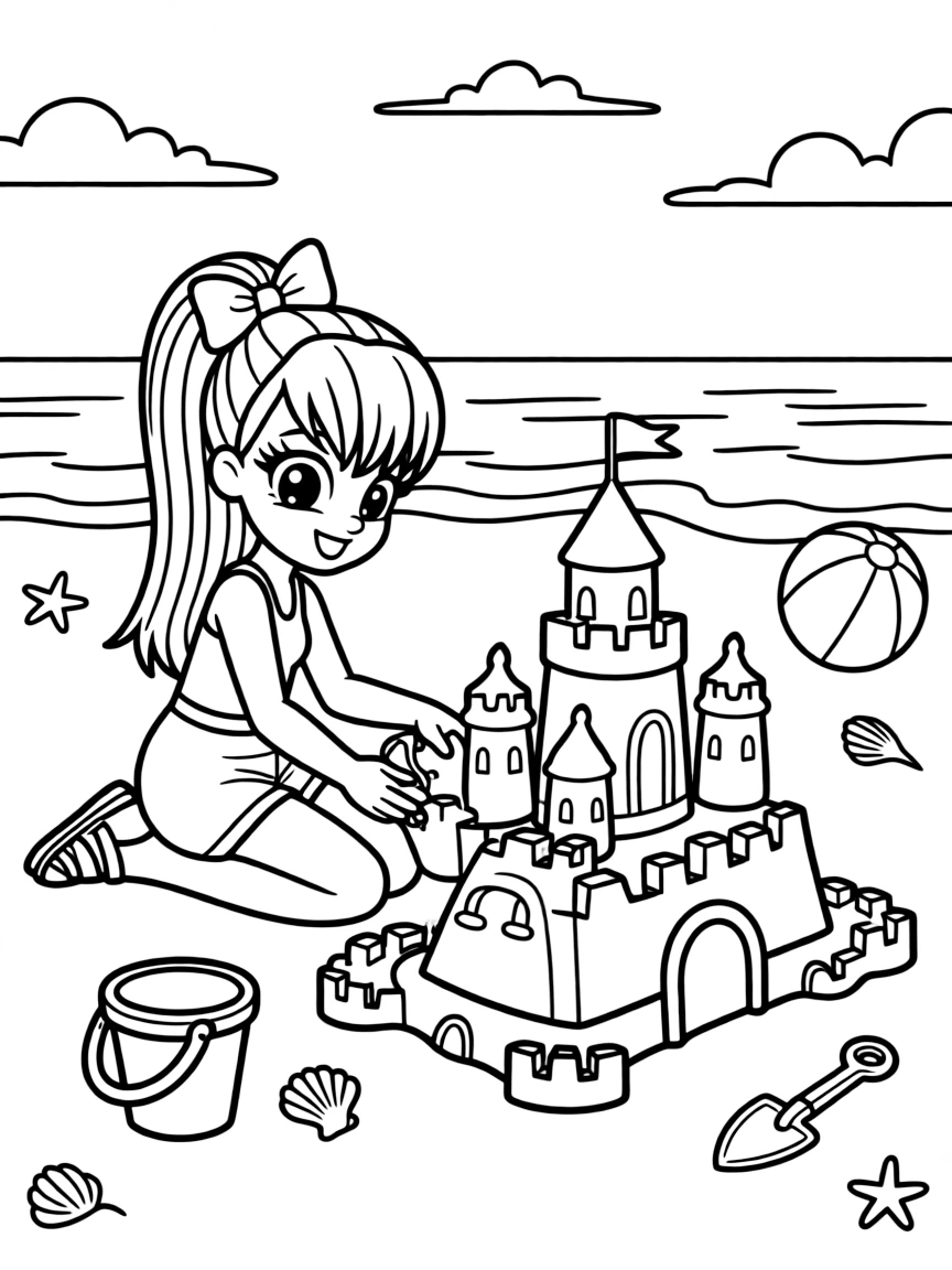 JoJo Siwa building a sandcastle at the beach.