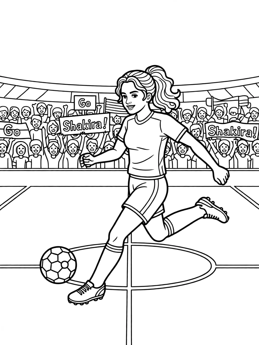 Shakira playing soccer on a field with cheering fans in the stands.