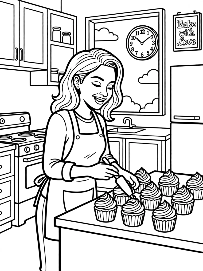 Lady Gaga baking cupcakes in a colorful kitchen.