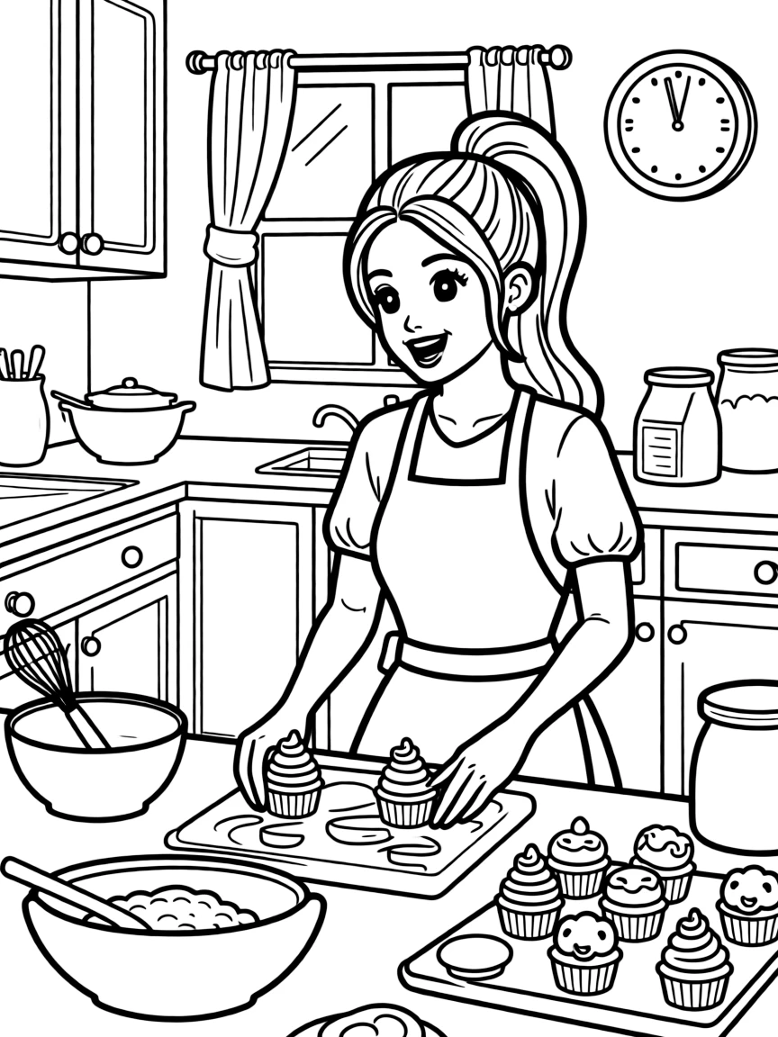Ariana Grande baking cupcakes in a colorful kitchen.